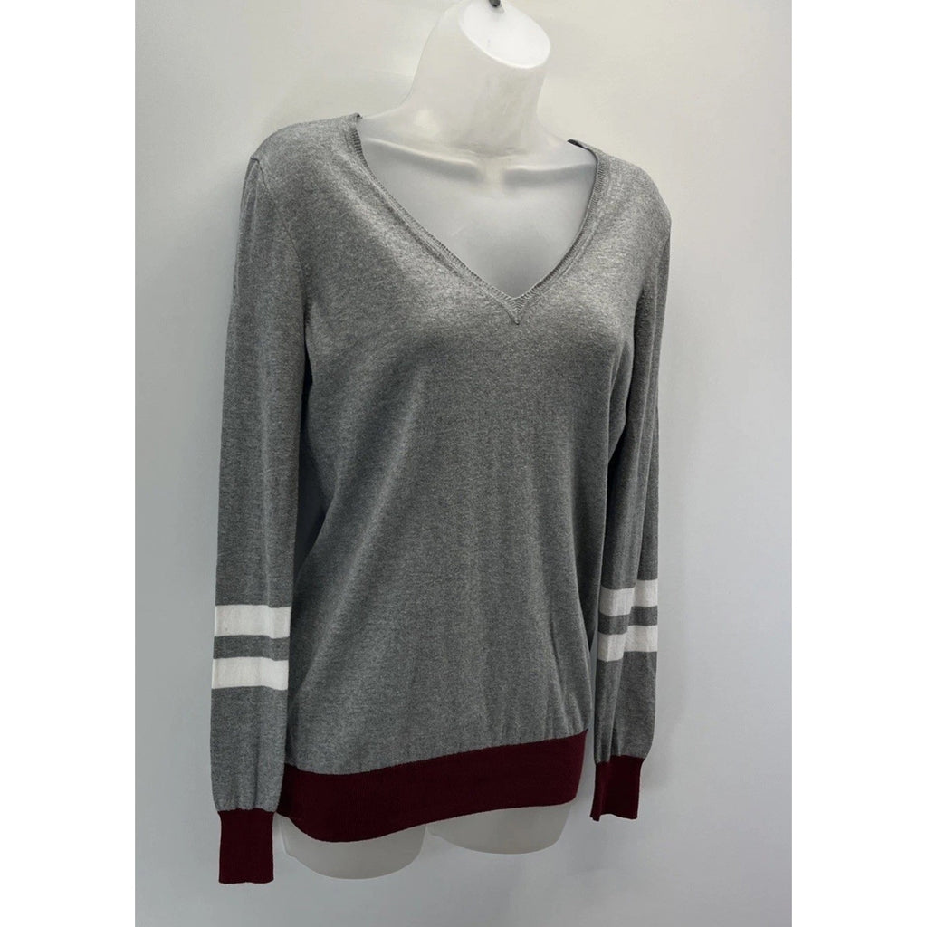 J Crew Varsity Stripe Womens Sweater Size S Gray White Burgundy V-Neck LS Top
