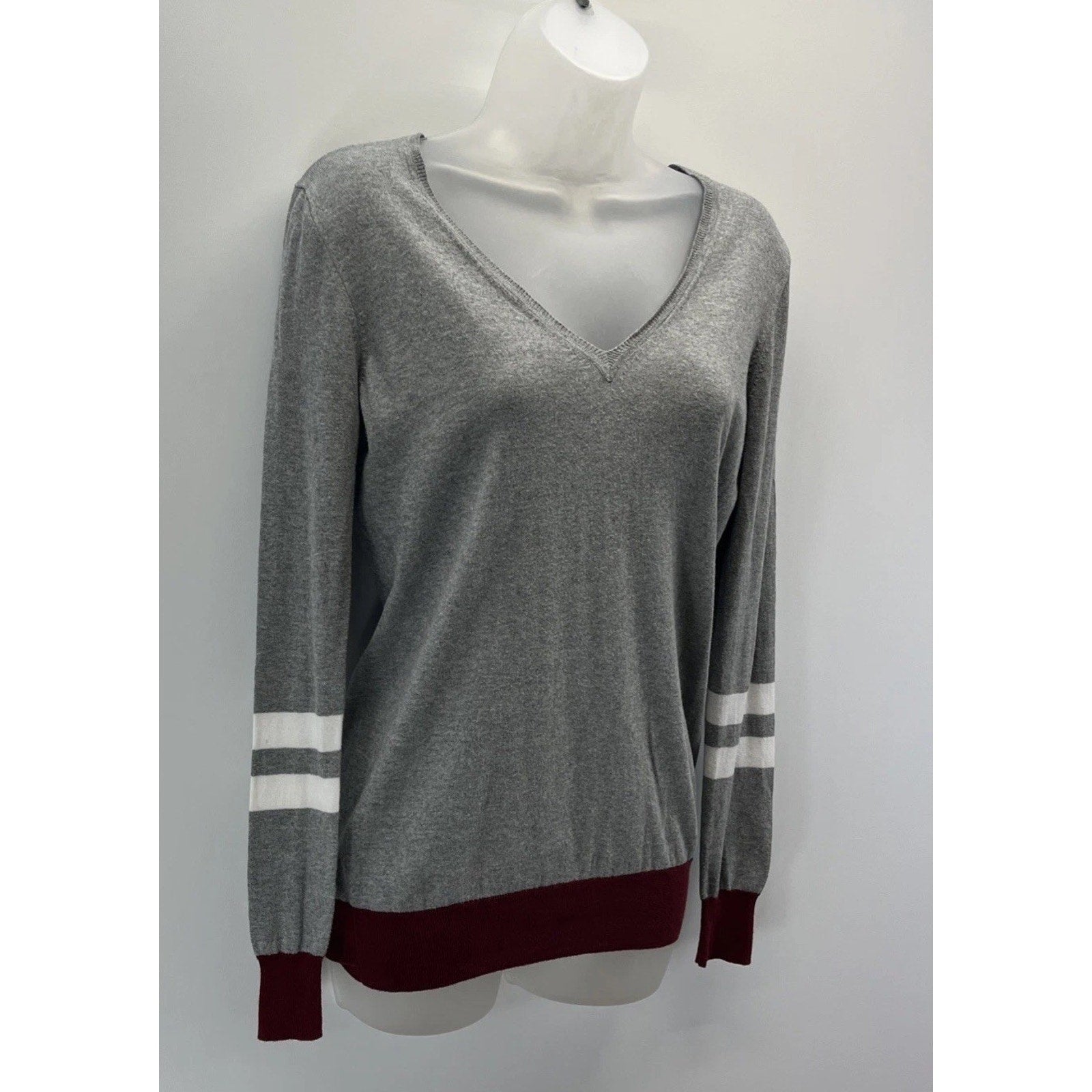 J Crew Varsity Stripe Womens Sweater Size S Gray White Burgundy V-Neck LS Top