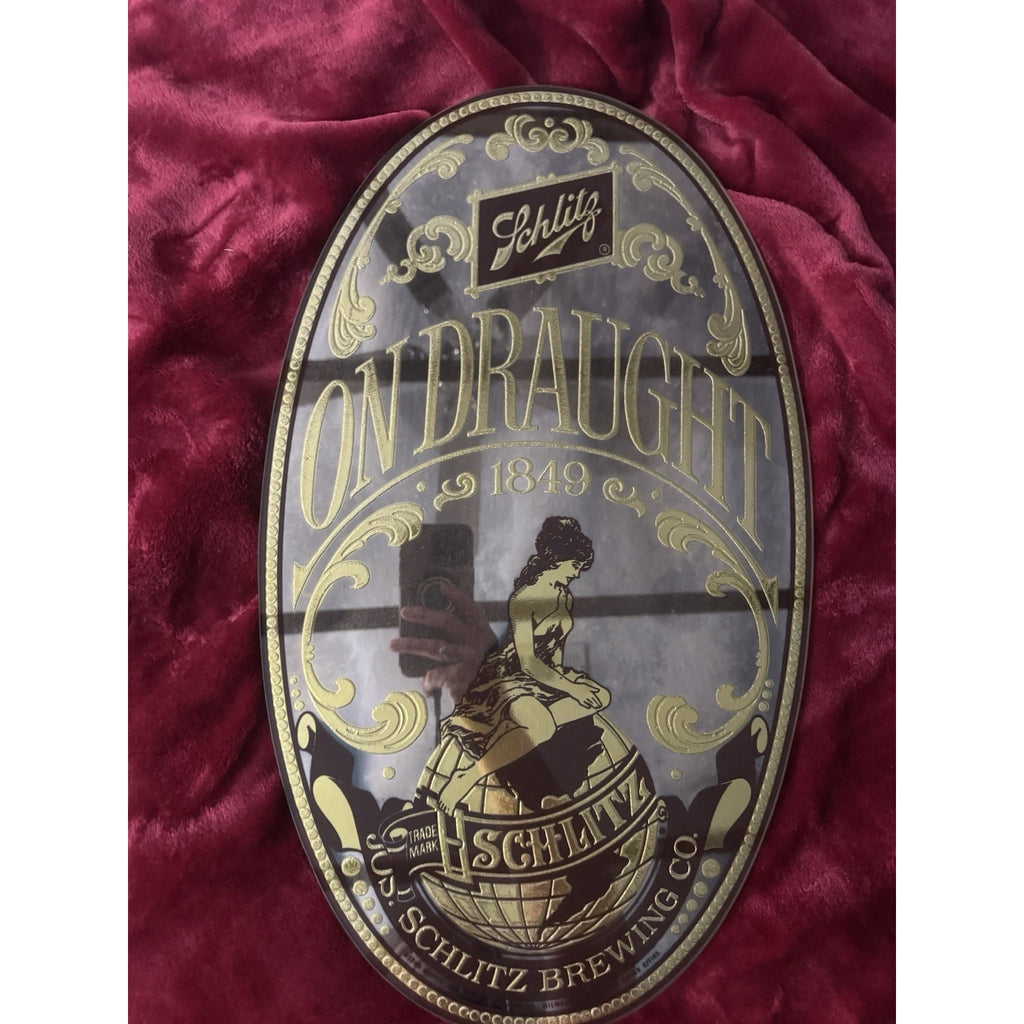 Vintage 1972 Schlitz On Draught Beer Bar Mirror Sign Oval 20” Beeco Milwaukee