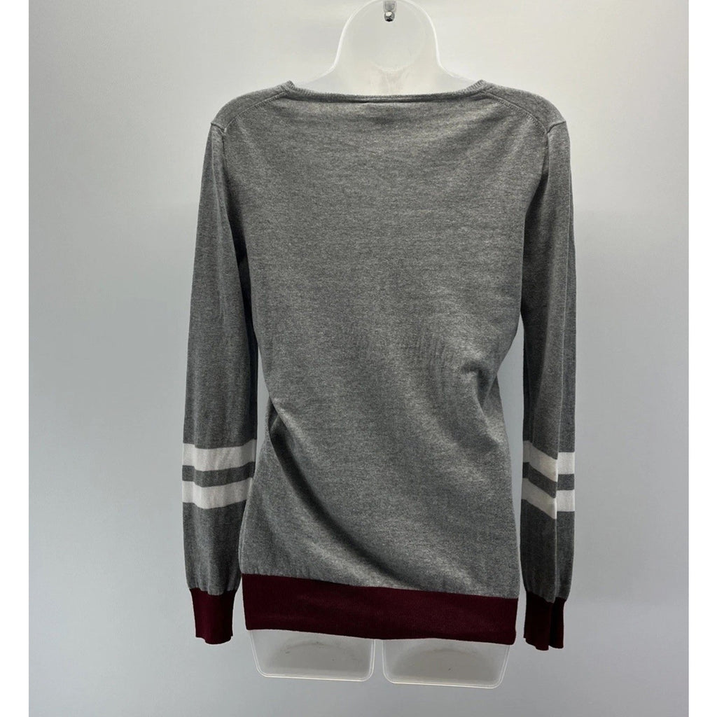 J Crew Varsity Stripe Womens Sweater Size S Gray White Burgundy V-Neck LS Top
