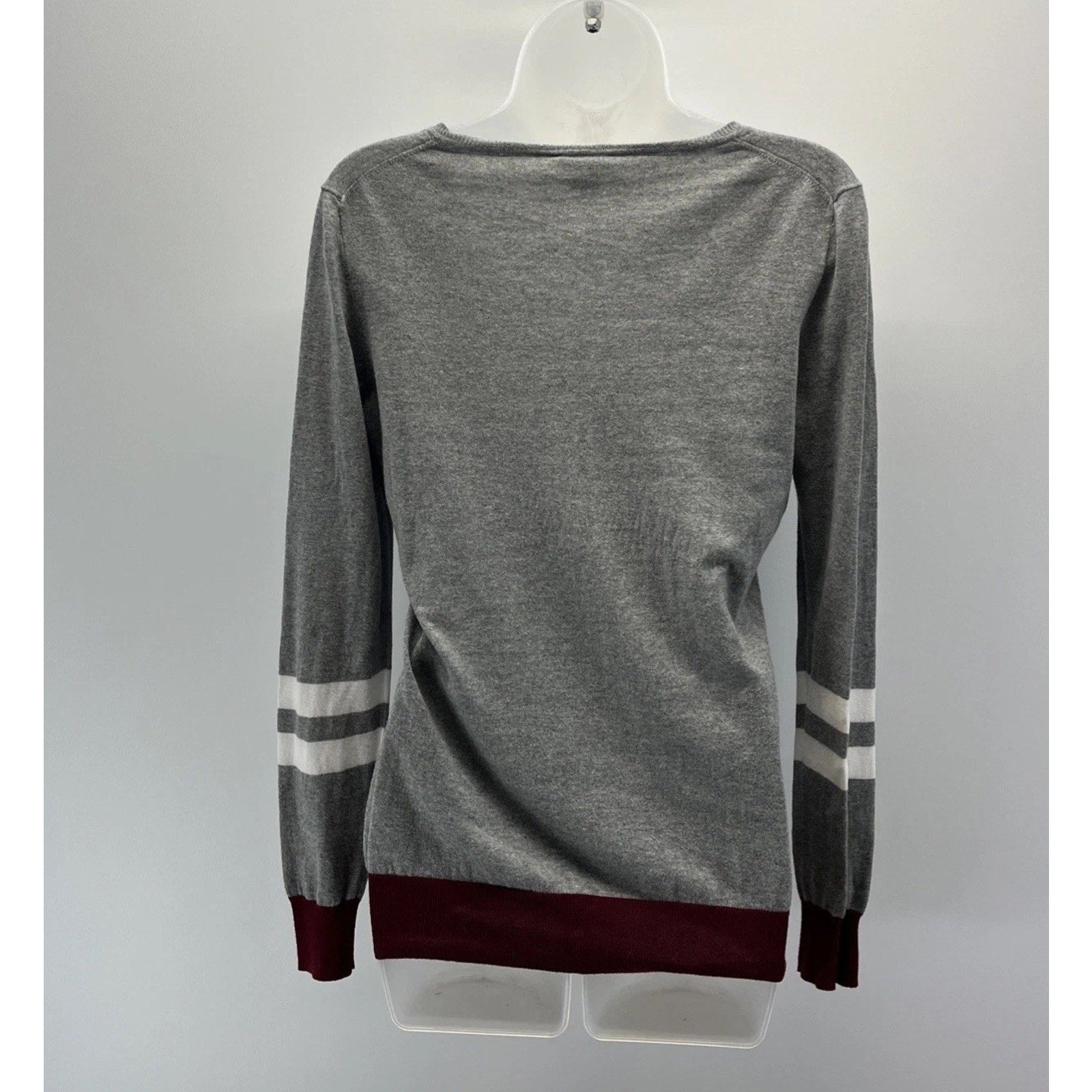 J Crew Varsity Stripe Womens Sweater Size S Gray White Burgundy V-Neck LS Top