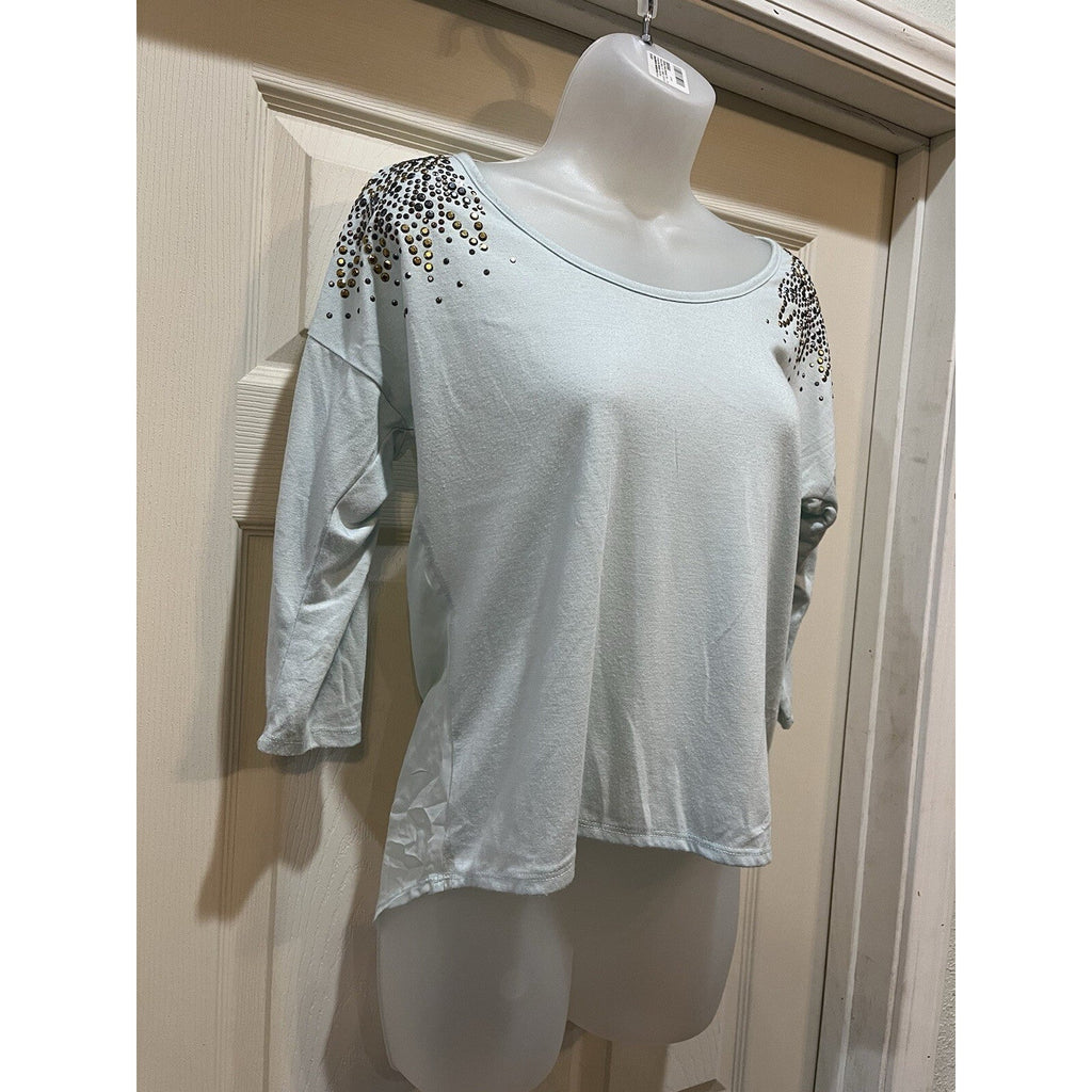 Eyelash Couture Light BlueFloral Sleeve Embellished 3/4 Sleeve Blouse Women's XS