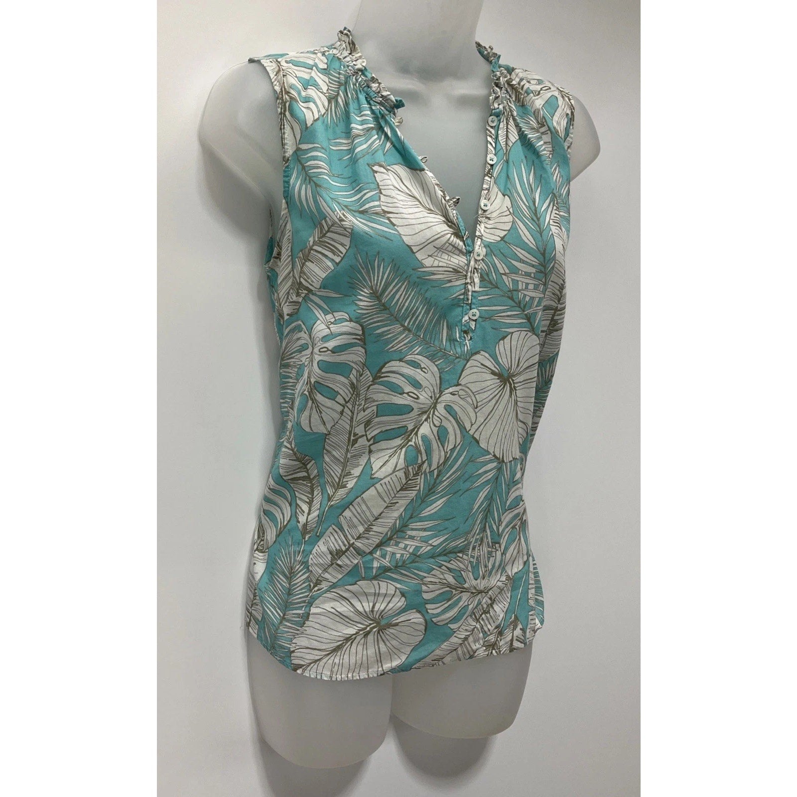 TALBOTS Women's Thin Cotton Tank Top Tropical Leaf Ruffle Multicolor Size XS