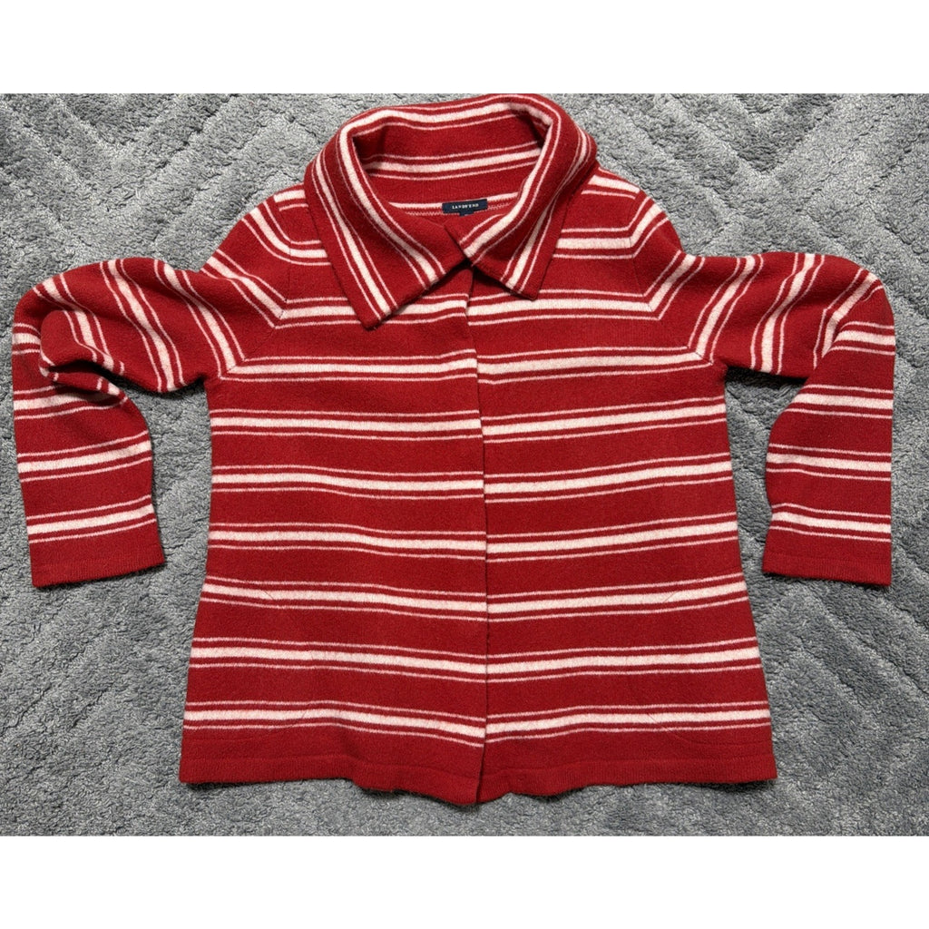 Lands’ End Womens XL 18 Red White Striped Lambswool Sweater Jacket Button Front