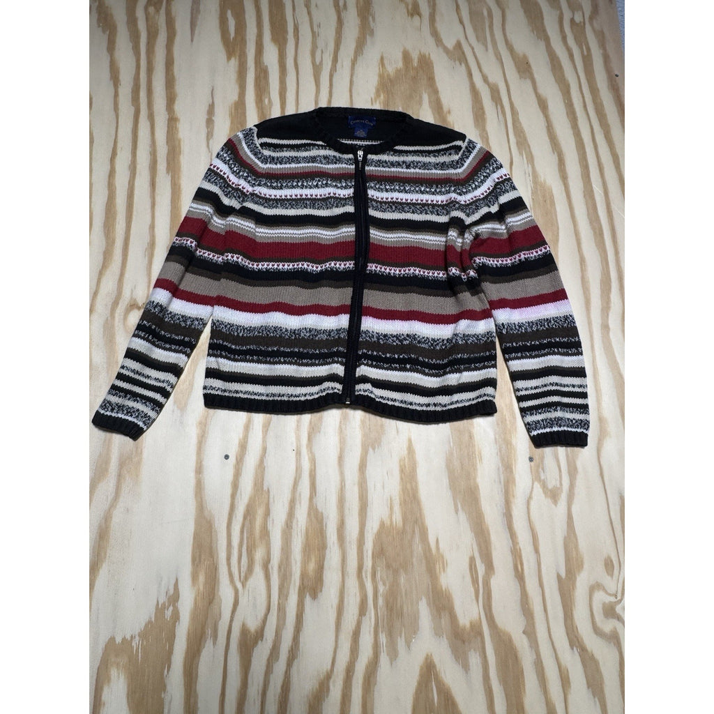Charter Club XL Striped Zip Cardigan Linen Cotton Red Black Tan Sweater