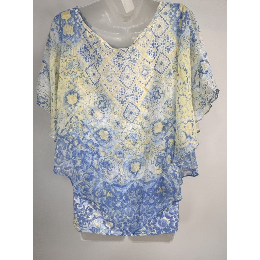 Hearts of Palm Women's Tropical Forest Print Knit Top Front Beads Size Large