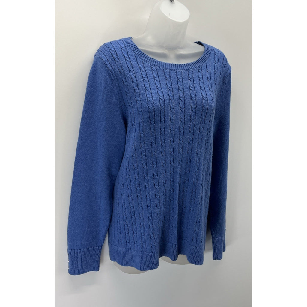 TALBOTS Soft Cable Knit Crewneck Sweater Blue Size XL Button Sleeve Detail
