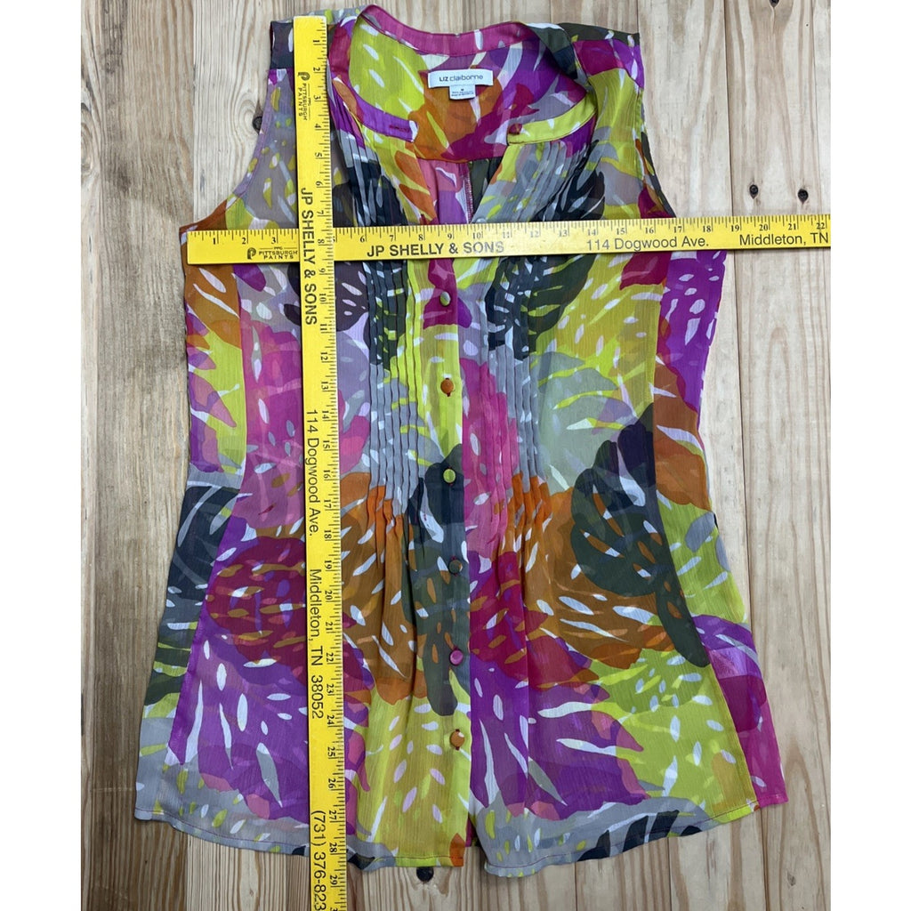 Liz Claiborne Button-Up Top SZ M Sleeveless Chiffon Floral Light & Sheer