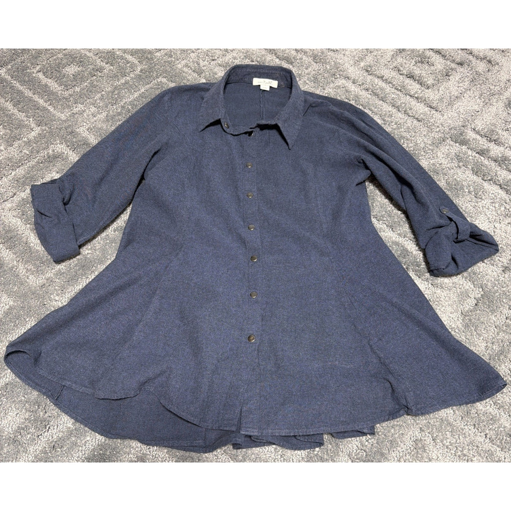 Simply Noelle Button Front 100% Cotton Blouse Tunic Women L/XL Roll Tab Blue