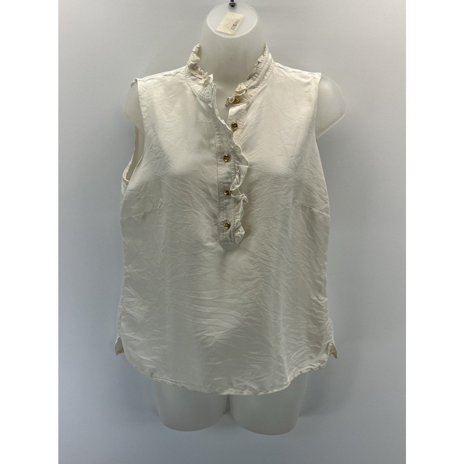 Talbots Cream White Silk Pure Split Neck Sleeveless Ruffle High Neck Med 10 P