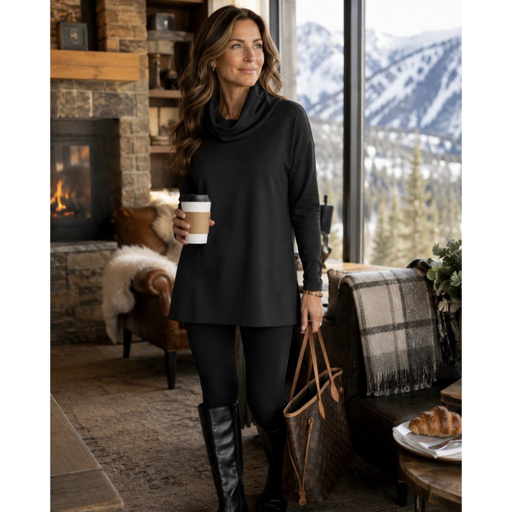 FLX Solace Mock Neck Top Womens S Mineral Black 4-Way Stretch Tunic WX43A124RS
