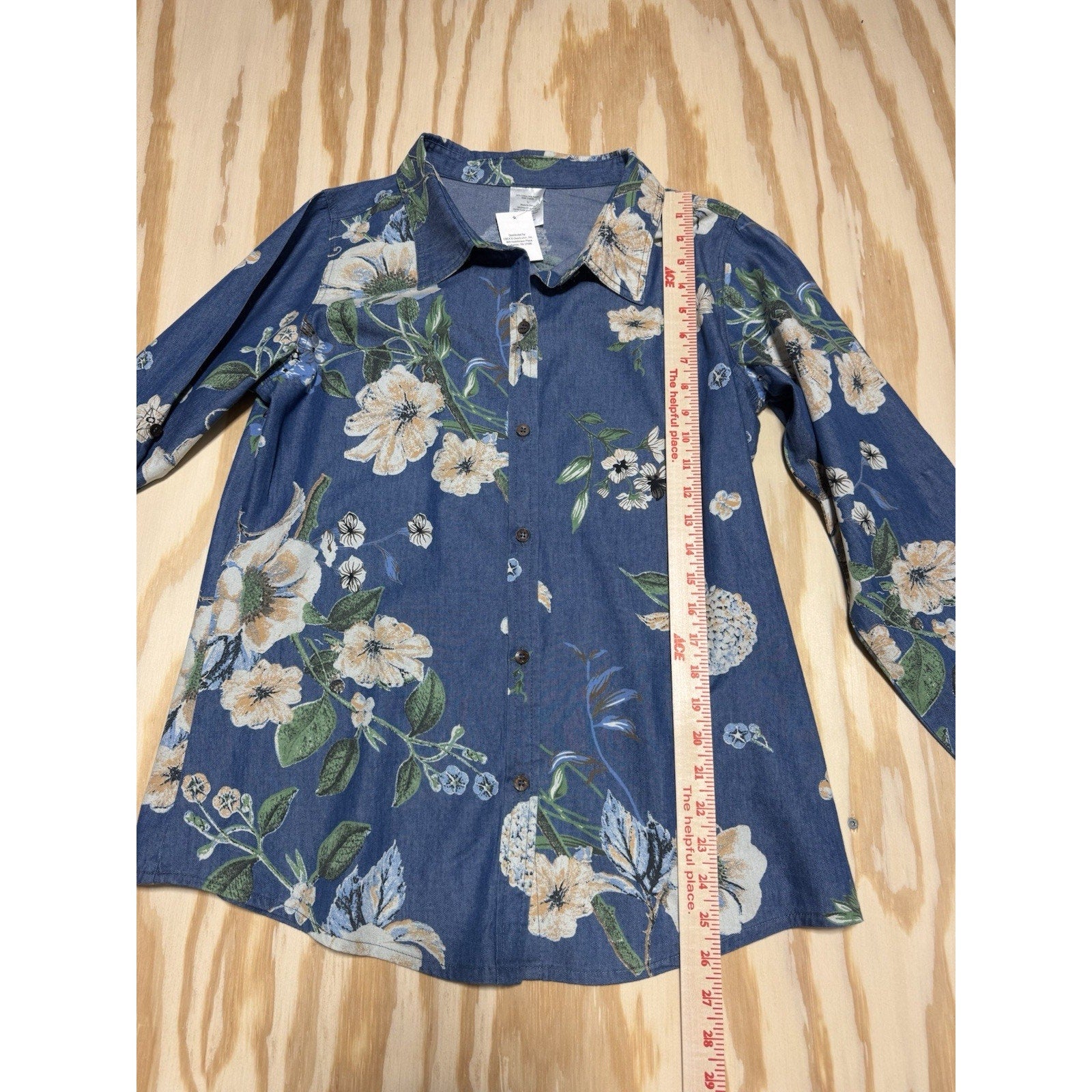 Women’s Chambray Floral Button Down Shirt Large Blue Cotton Rayon Lightweight