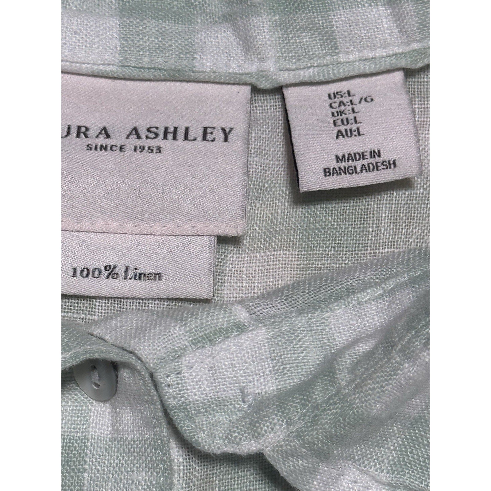 Laura Ashley 100% Linen Mint Green Plaid Button Shirt Large Puff Sleeve