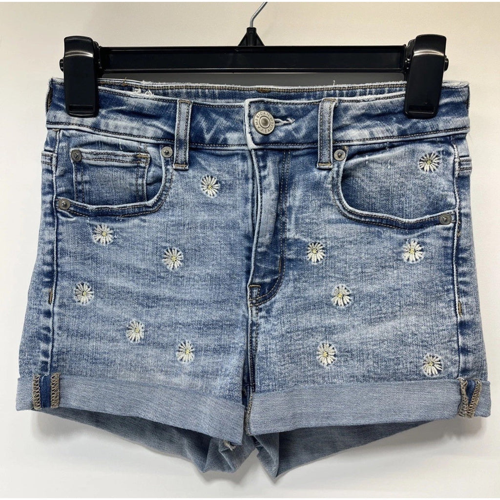 American Eagle Hi Rise Shortie Shorts Daisy Embroidered Women's Size 2