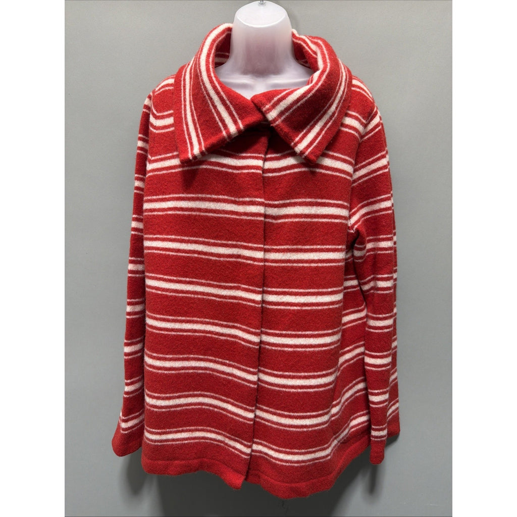 Lands’ End Womens XL 18 Red White Striped Lambswool Sweater Jacket Button Front