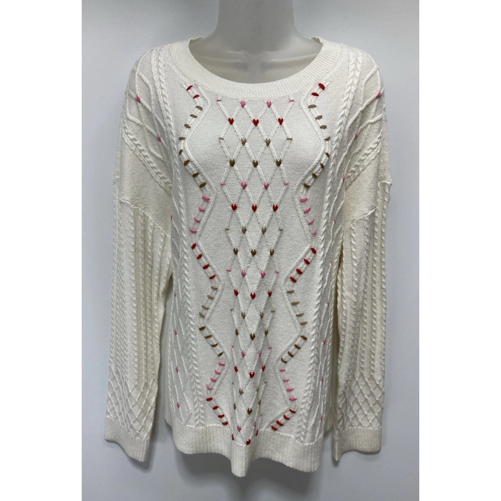 Talbots Ivory Whipstitch Hearts Cable Knit Sweater Size XL