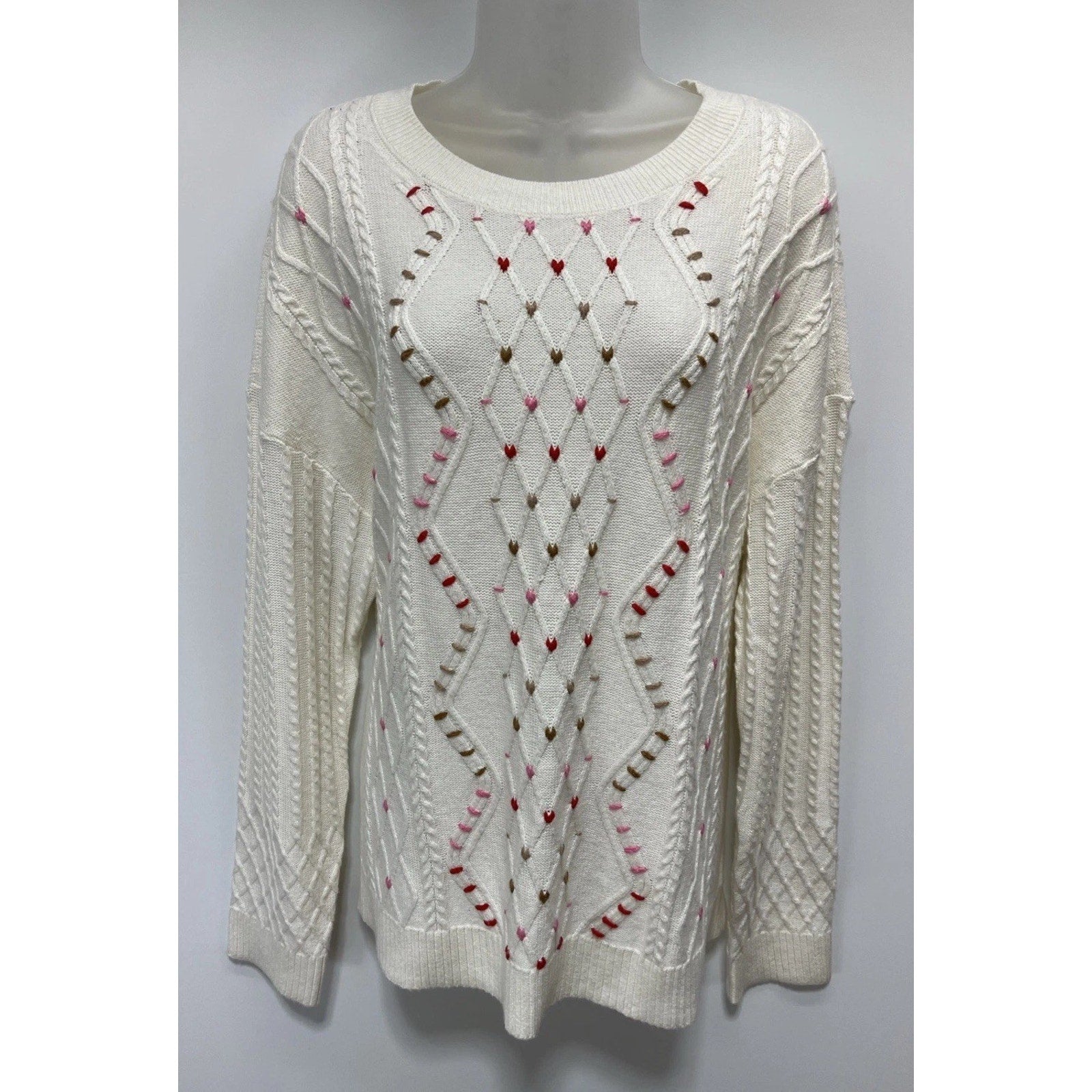 Talbots Ivory Whipstitch Hearts Cable Knit Sweater Size XL
