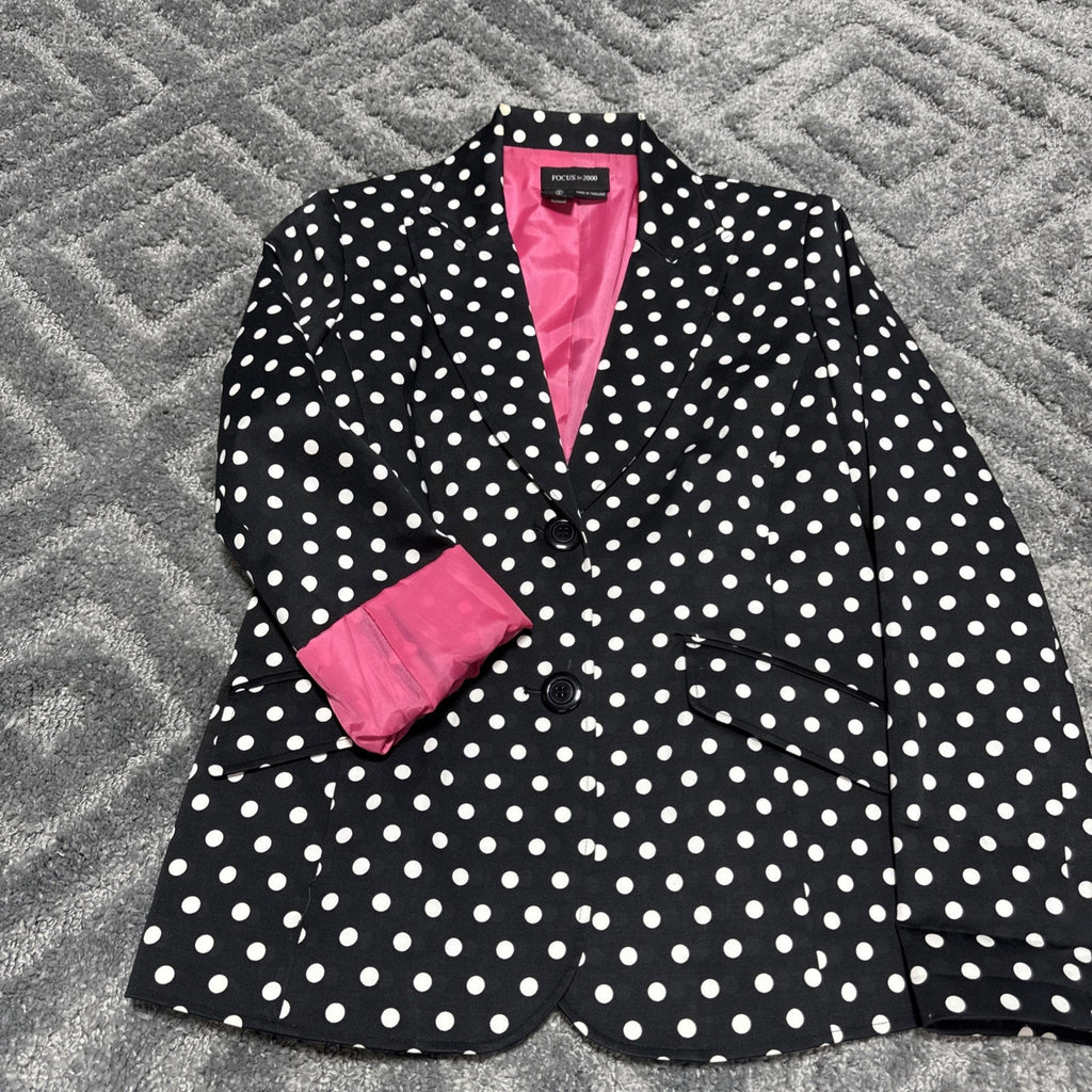 Focus 2000 Women Black Polka Dot Blazer Jacket Hot Pink Lining Women’s Size 8