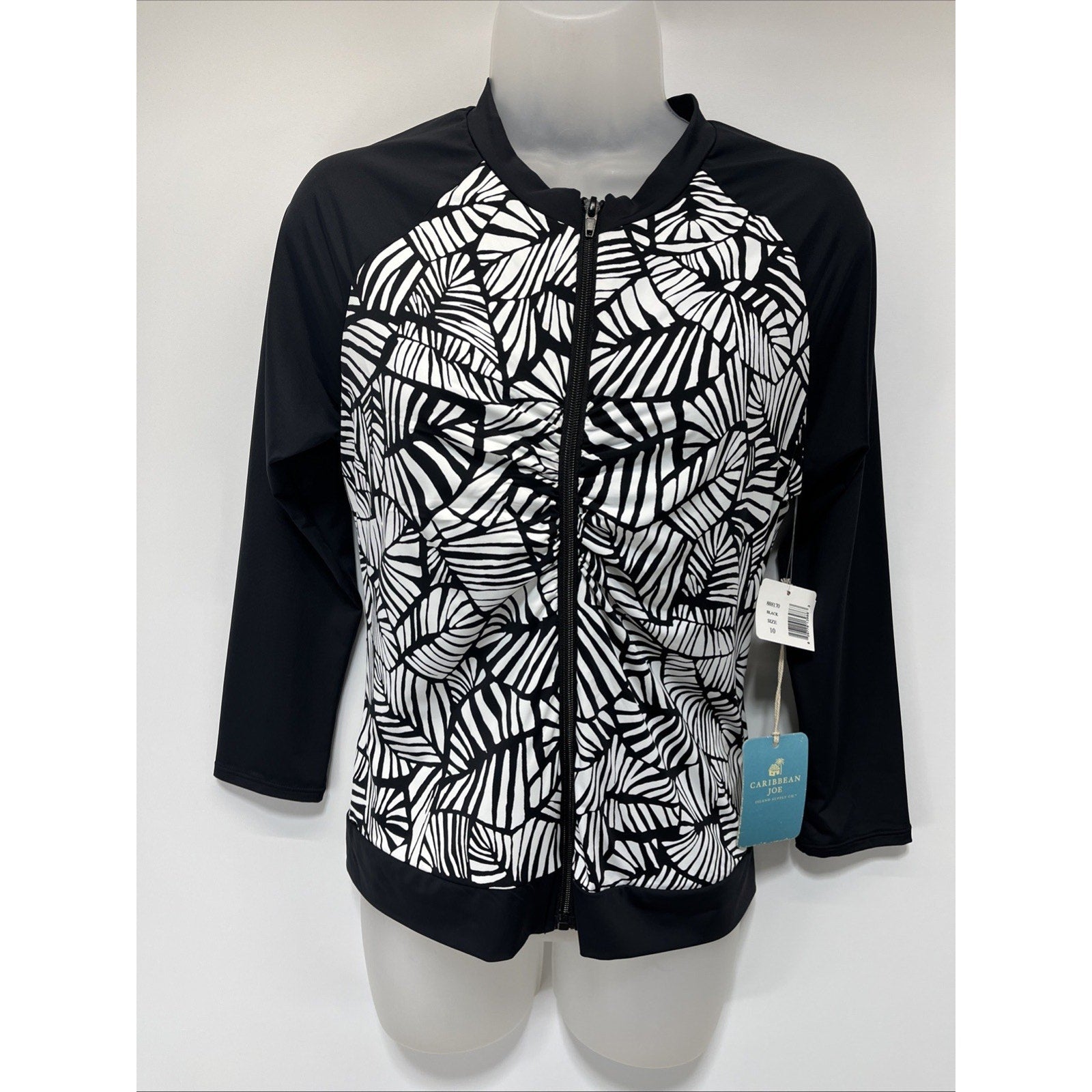 NWT Caribbean Joe Swimsuit Rash Guard Long Sleeve Top Sz 10 Black Zipper