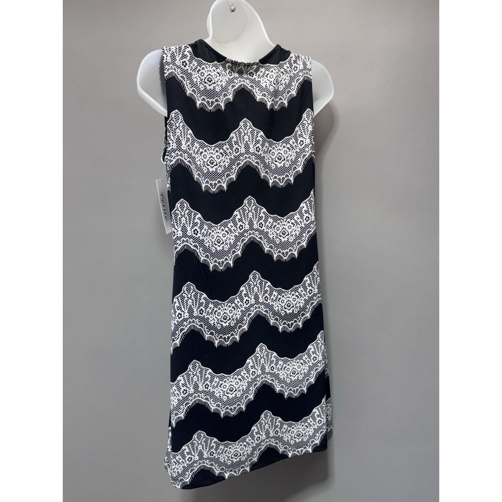 HAANI Petite PM Black White Lace Print Shift Dress Beaded Neck Sleeveless NWT