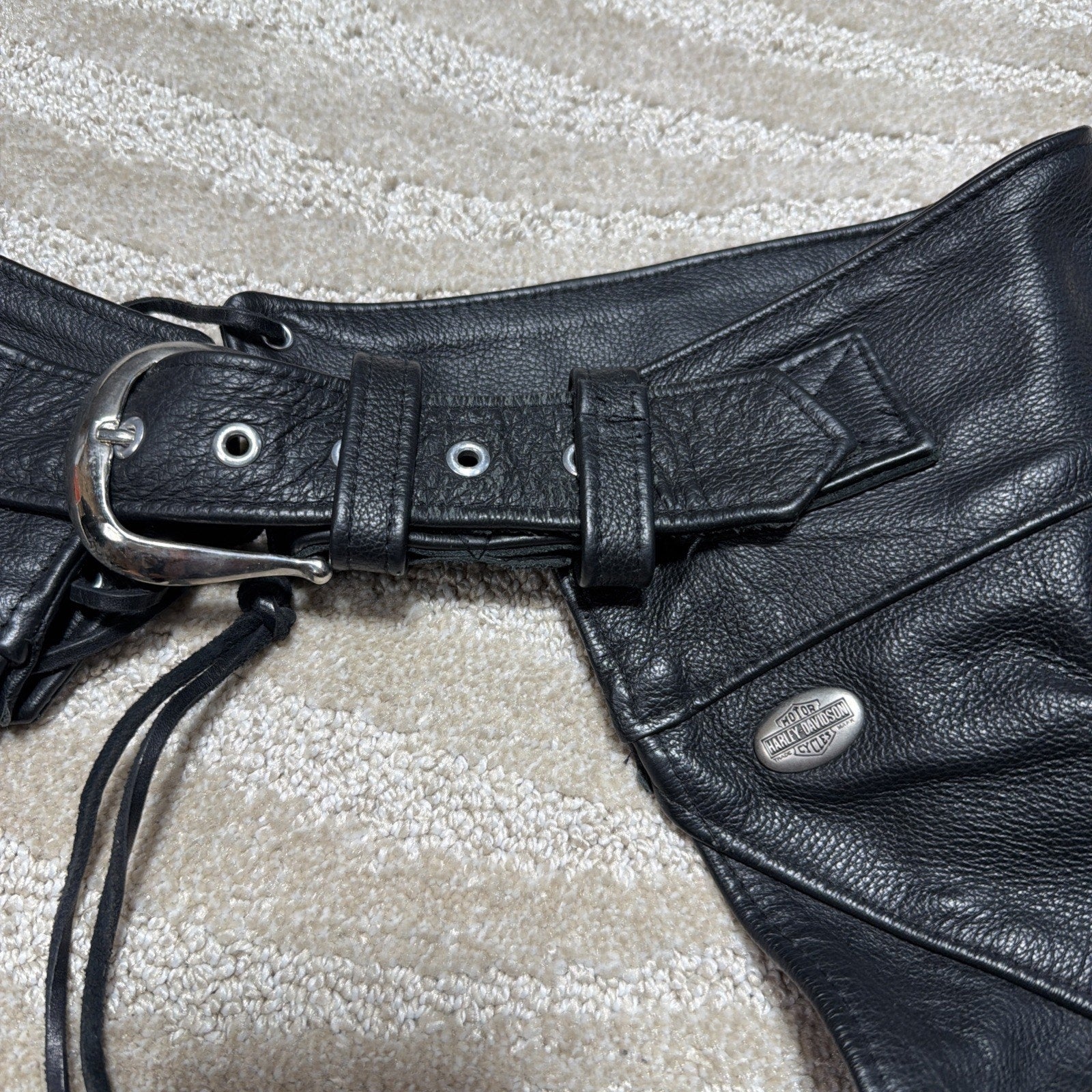 Vtg HARLEY DAVIDSON Chaps L Black Leather Motorcycle Riding Adjustable Made USA