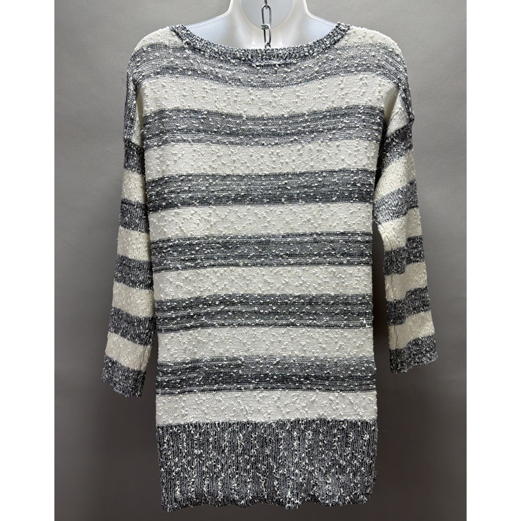 LOFT Women’s M Ivory Gray Striped Popcorn Knit Tunic Sweater Boat Neck Side Slit