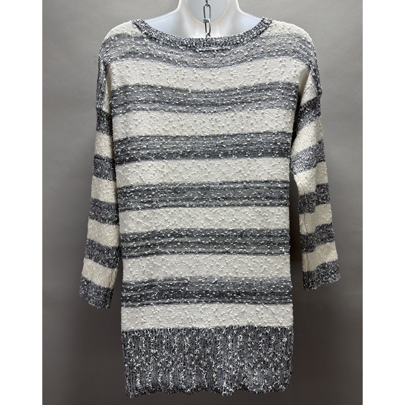 LOFT Women’s M Ivory Gray Striped Popcorn Knit Tunic Sweater Boat Neck Side Slit