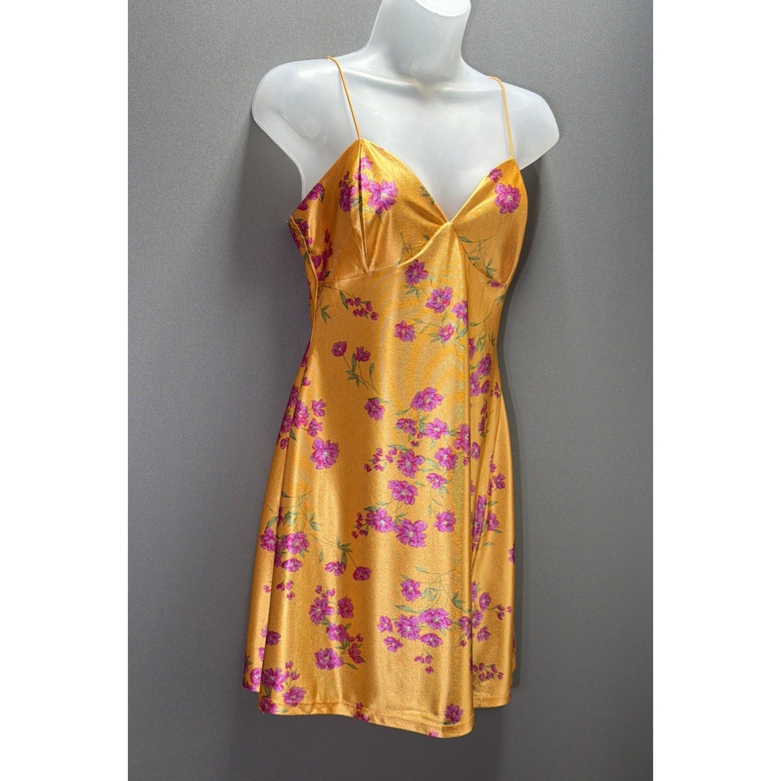 JOLIE & JOY Floral Satin Mini Dress Size M Marigold Yellow Ditsy Slip Dress Slit