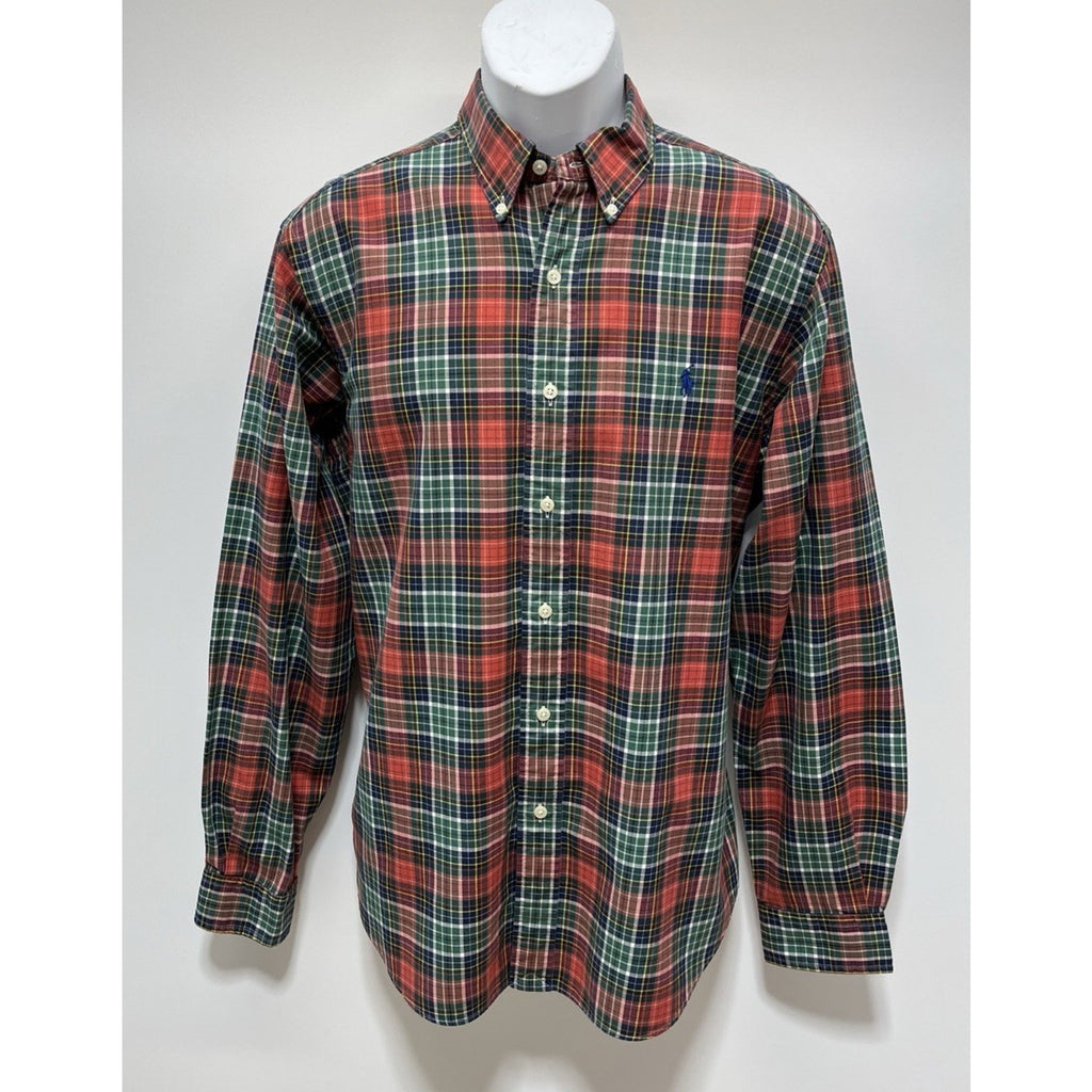 VINTAGE Ralph Lauren Men Button Up Shirt L Green Tartan Plaid Logo Classic Fit