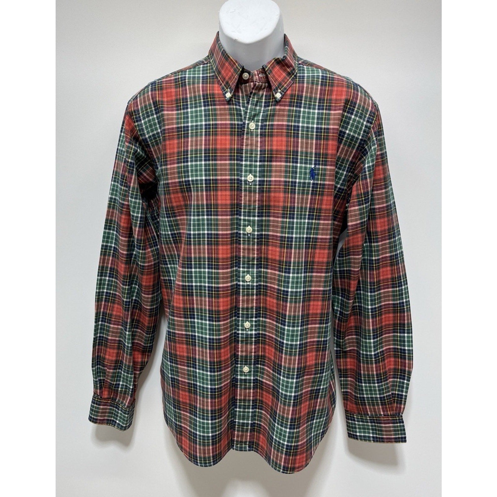 VINTAGE Ralph Lauren Men Button Up Shirt L Green Tartan Plaid Logo Classic Fit