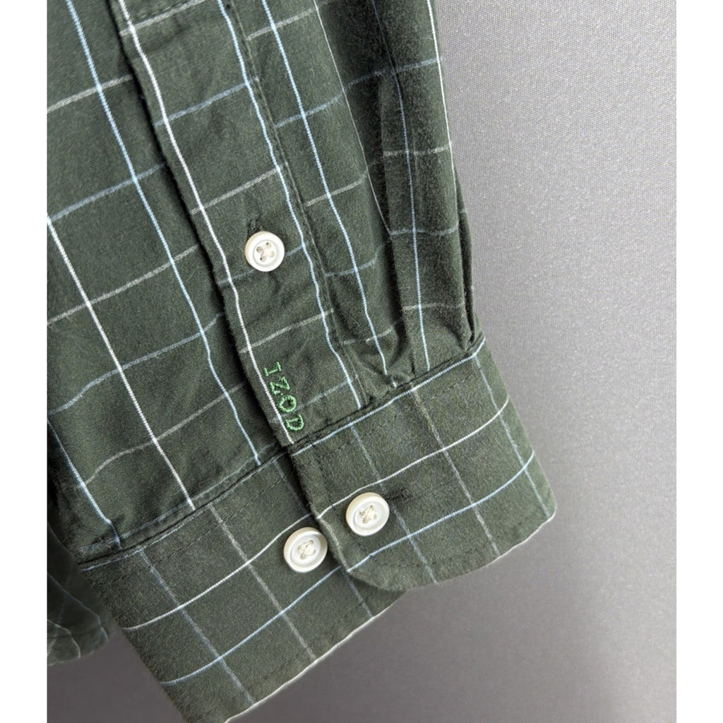 IZOD 80s 2-Ply Green Plaid Cool Cotton Long Sleeve Button Down Shirt Mens L