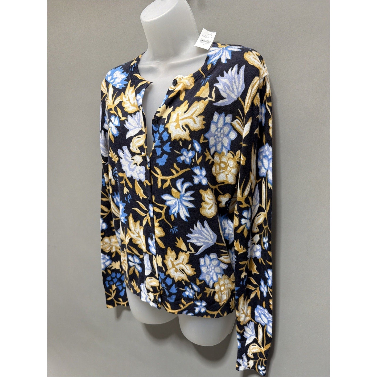 New Loft Size S Navy Blue Gold White Floral Print Button Front Cardigan Sweater