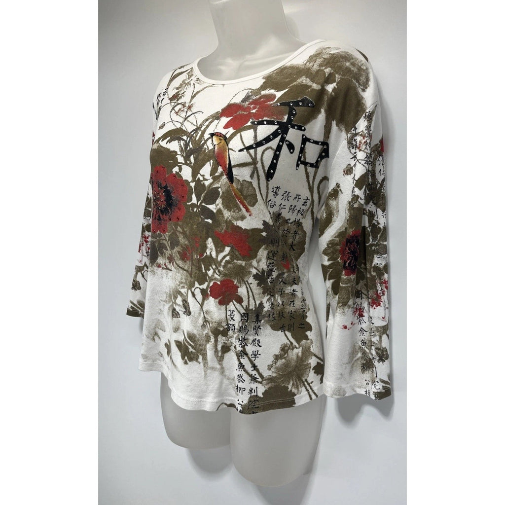 Norm Thompson Blouse Women's Sz LP Floral Tunic Top Boho Romantic White