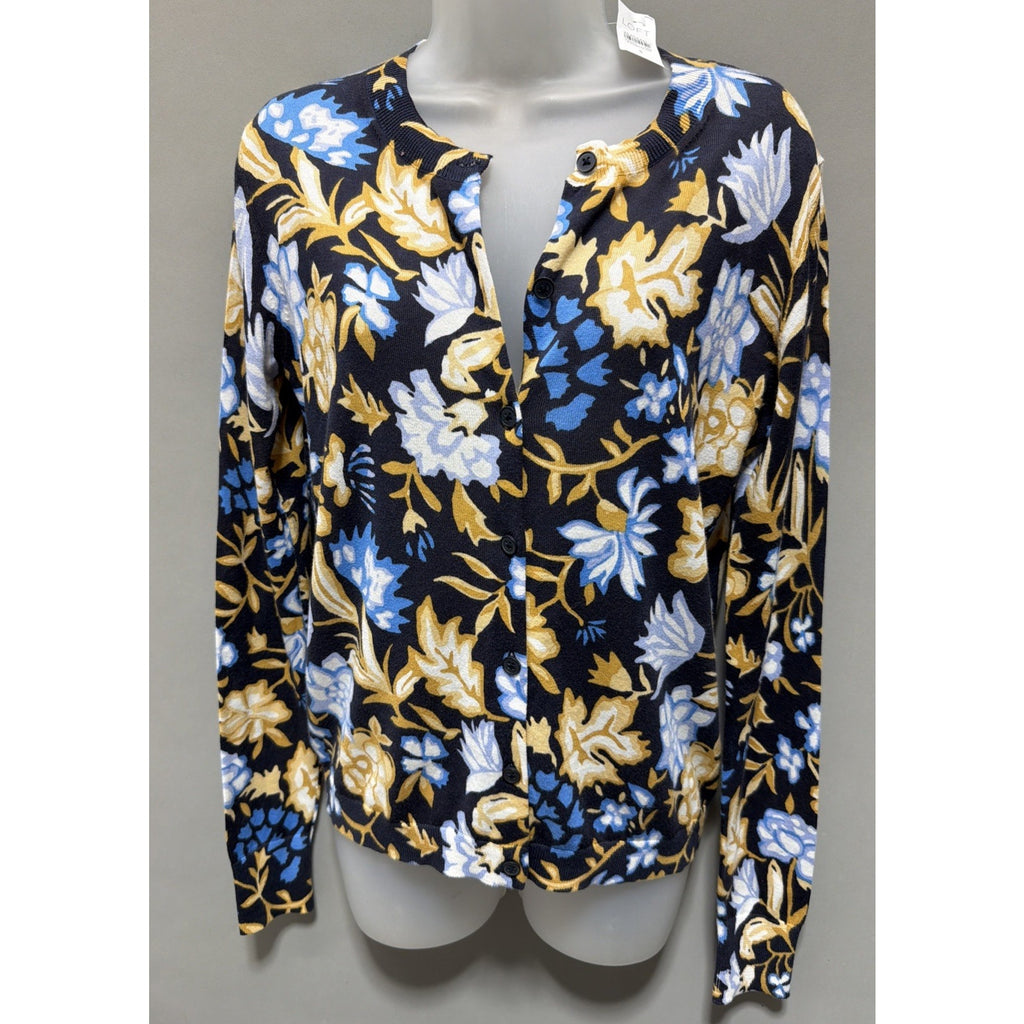 New Loft Size S Navy Blue Gold White Floral Print Button Front Cardigan Sweater