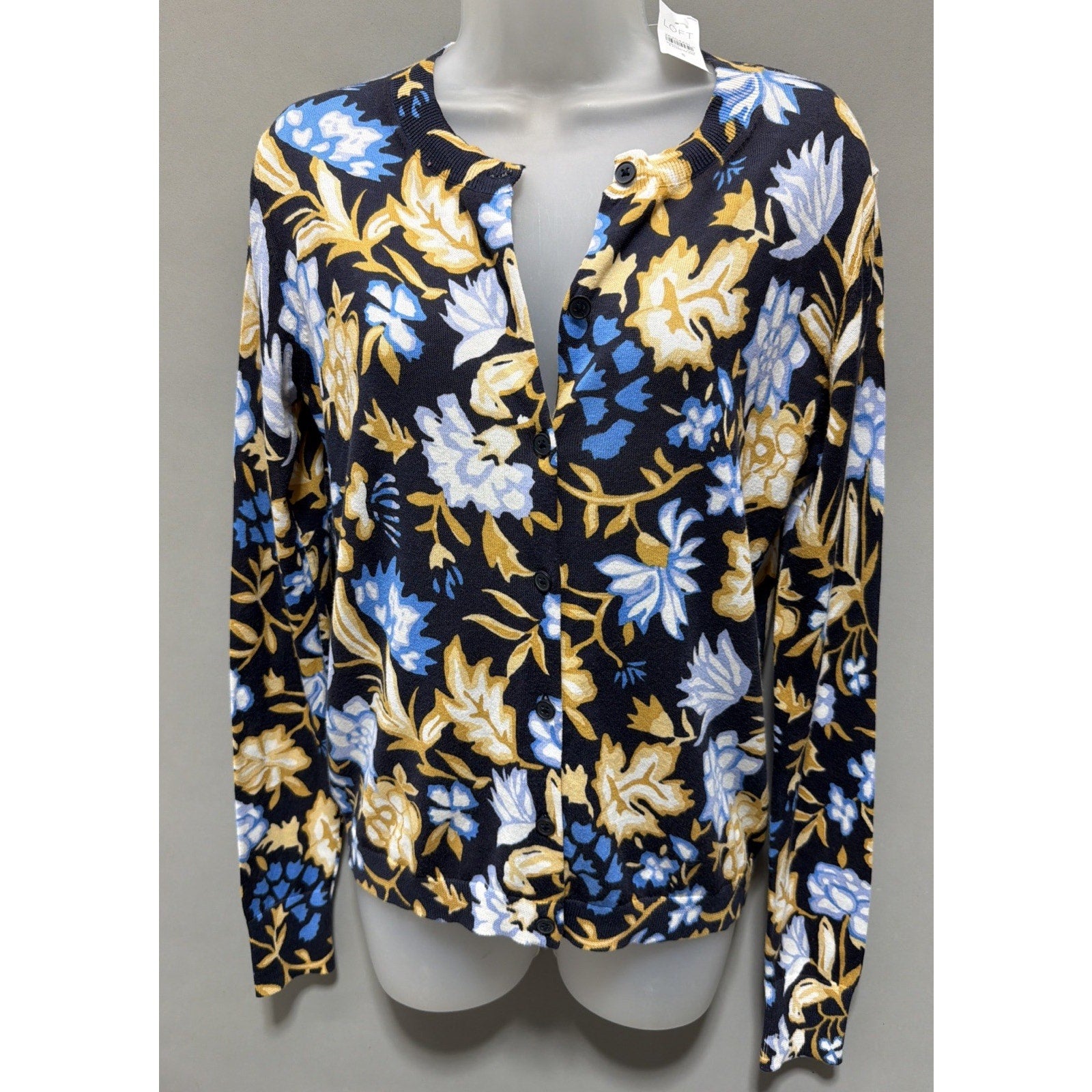 New Loft Size S Navy Blue Gold White Floral Print Button Front Cardigan Sweater