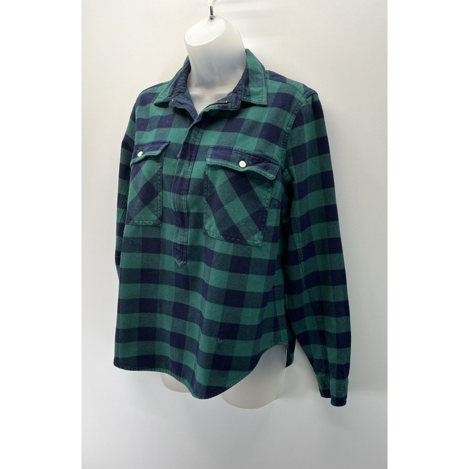 J. Crew Plaid 100% Cotton Half Zip Flannel Shirt Green Blue S