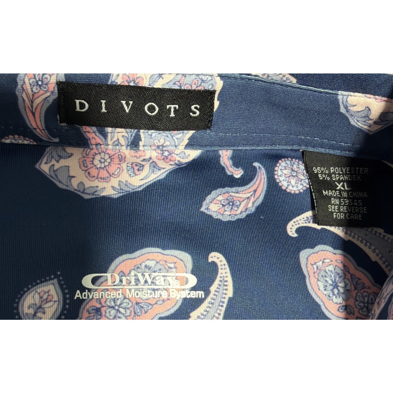 Divots Golf Polo Men XL Performance Dry Paisley Shirt Wicking Blue