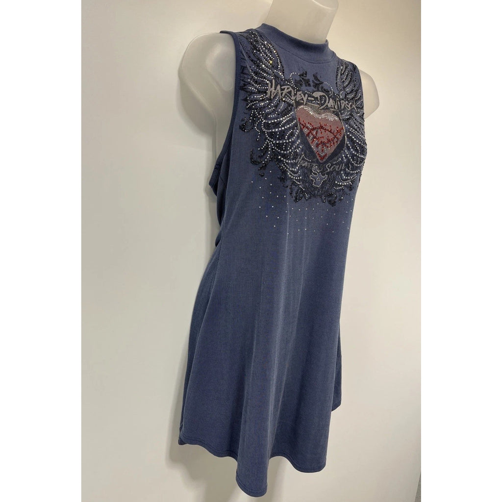 Harley Davidson Tunic Blue Embellished Rhinestones Heart And Soul Graphic Size M