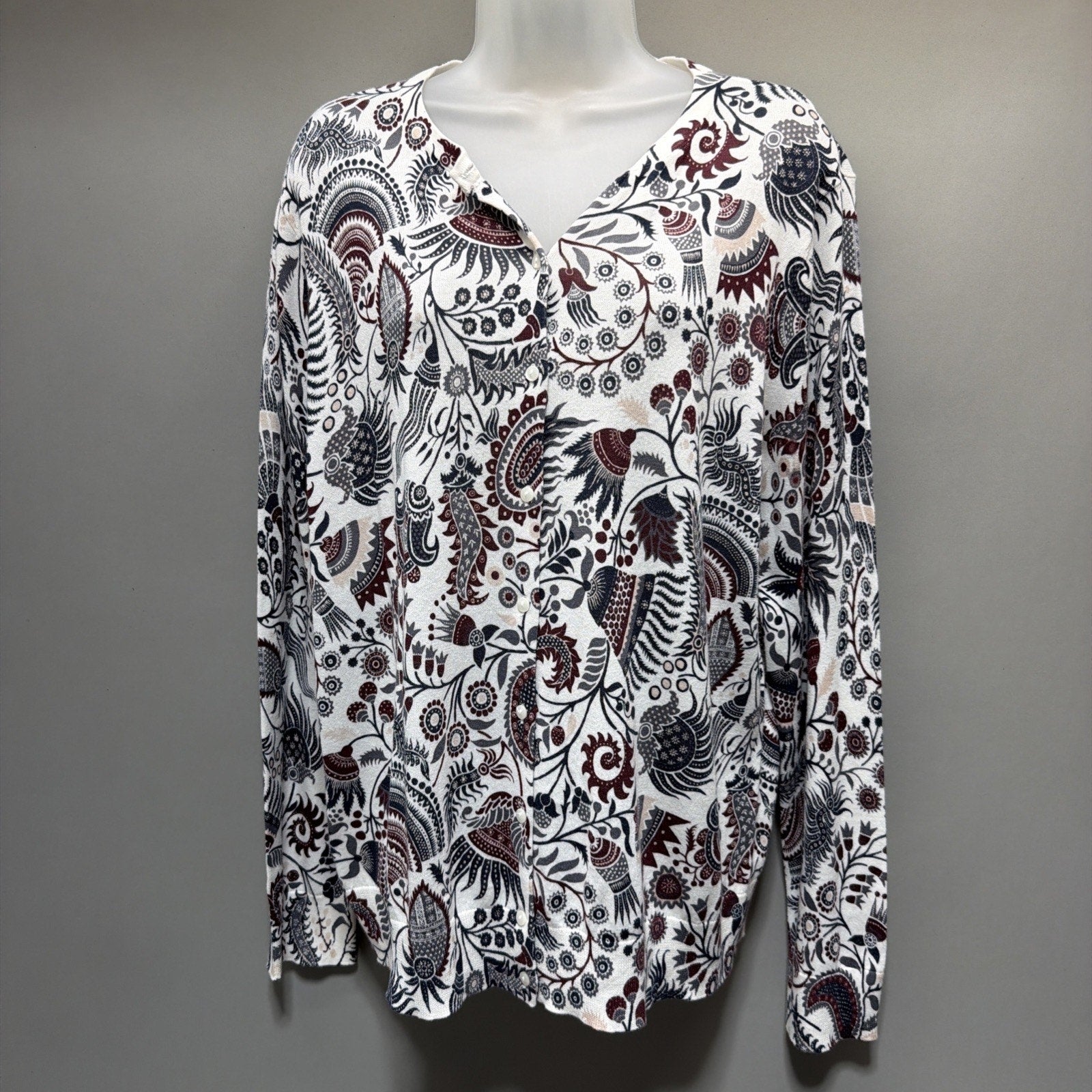 LOFT Outlet Women’s XL Paisley Floral Cardigan White Burgundy Boho Cottagecore