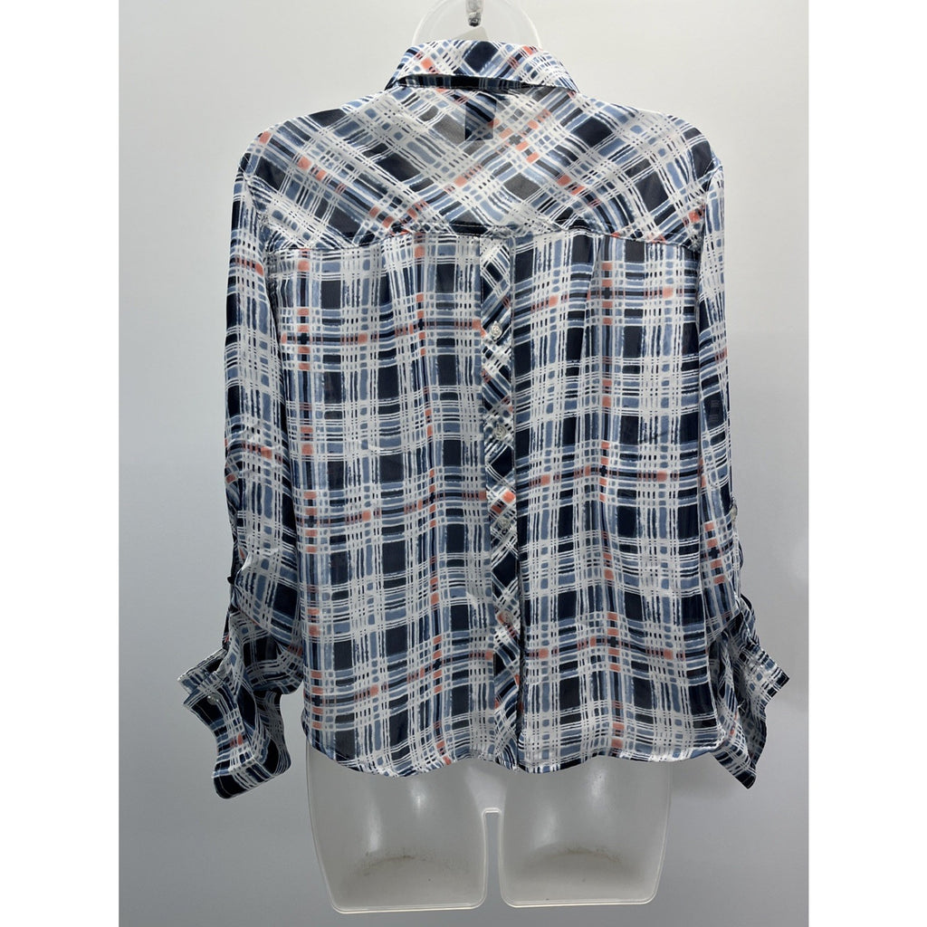 COTTON EXPRESS BLUE AND WHITE PLAID SHIRT ROLL TAB SLEEVES Button Back WOMENS L