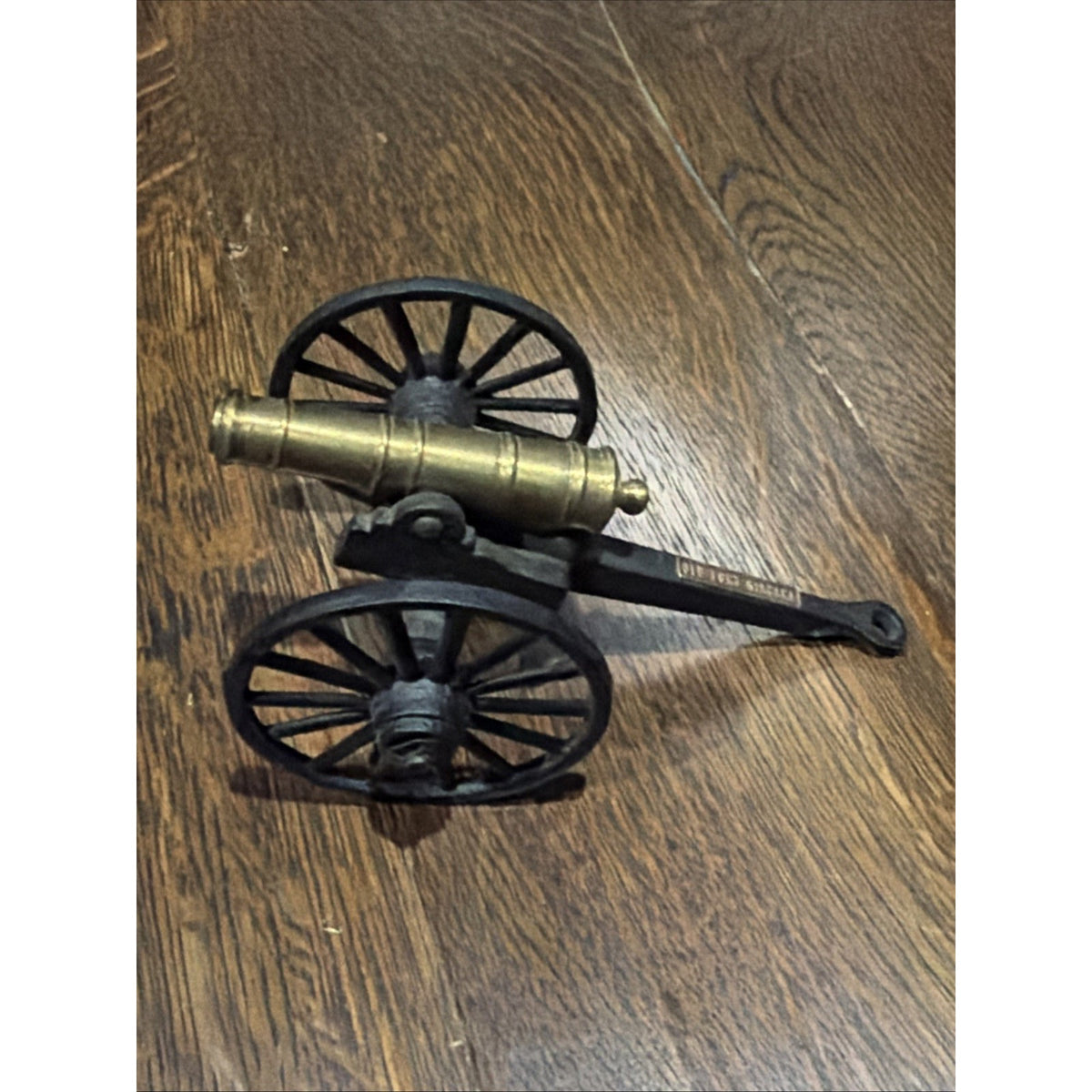 Miniature Cannon Brass Barrel Black Metal Carriage Spoked Wheels Military Decor
