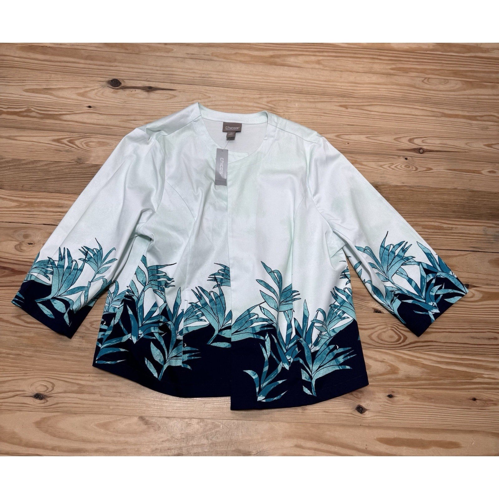 Chicos Crown Crane Bird Floral Print Open Front Jacket 3/4 Sleeves Women’s 4 XXL