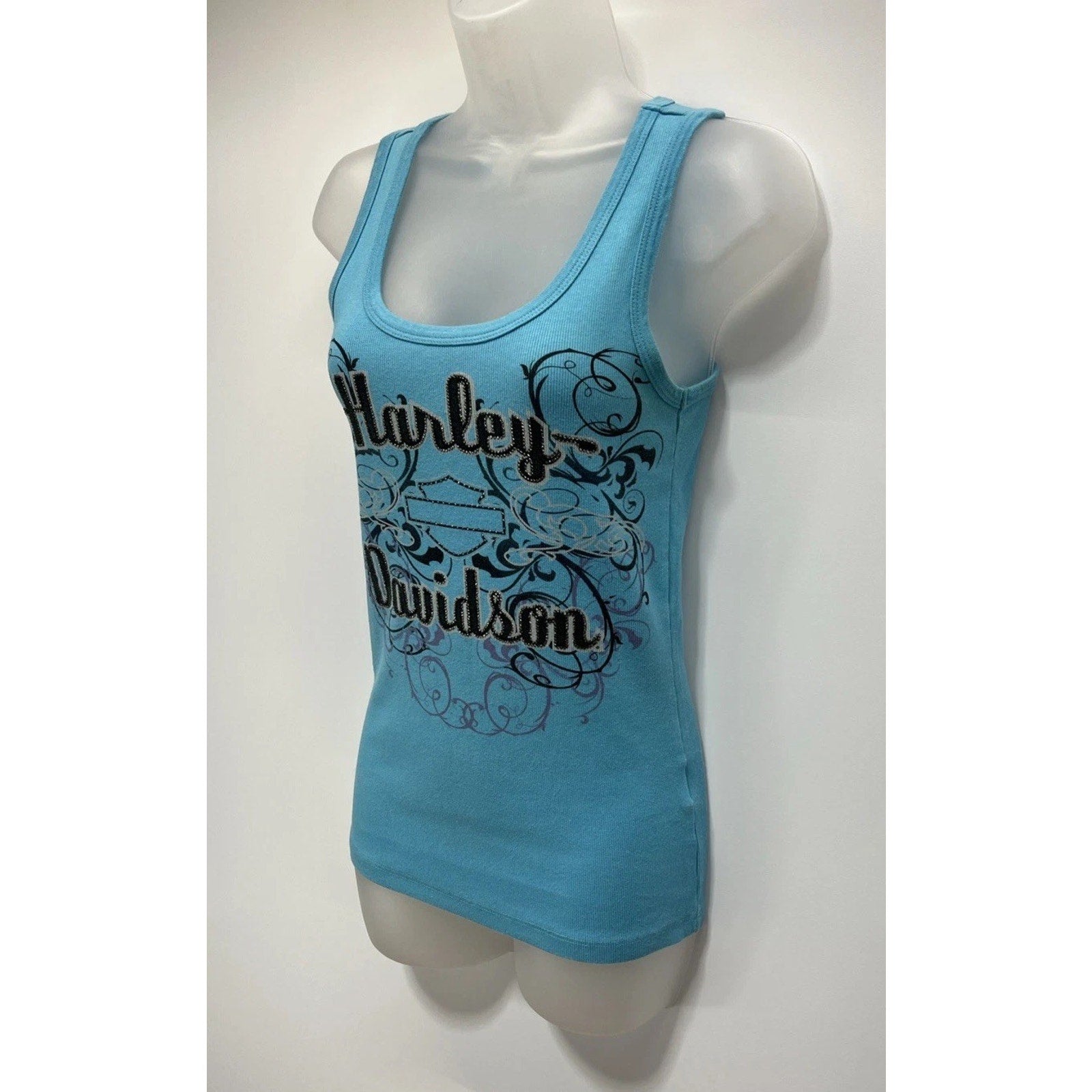 Vtg Harley Davidson Blue/black Tank Top With Rhinestones- Size Womens M Made USA