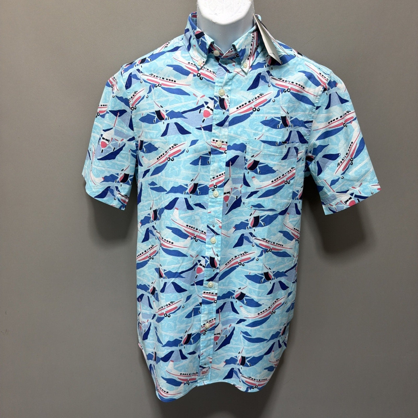 Vineyard Vines Jet Set Airplane Print Button Down Shirt Men’s Small Blue NWT