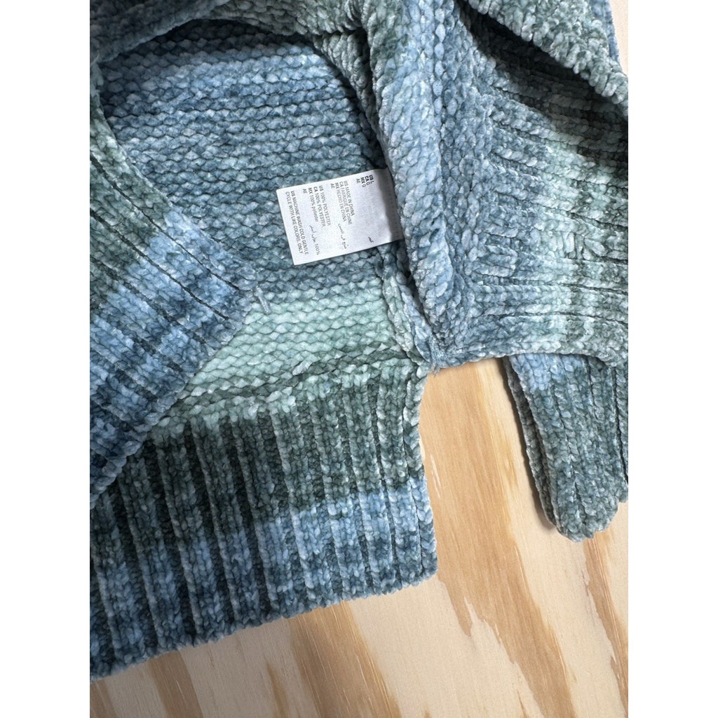 Style & Co Fuzzy Crew Sweater Womens Large Blue Green Striped Soft Plush Cozy