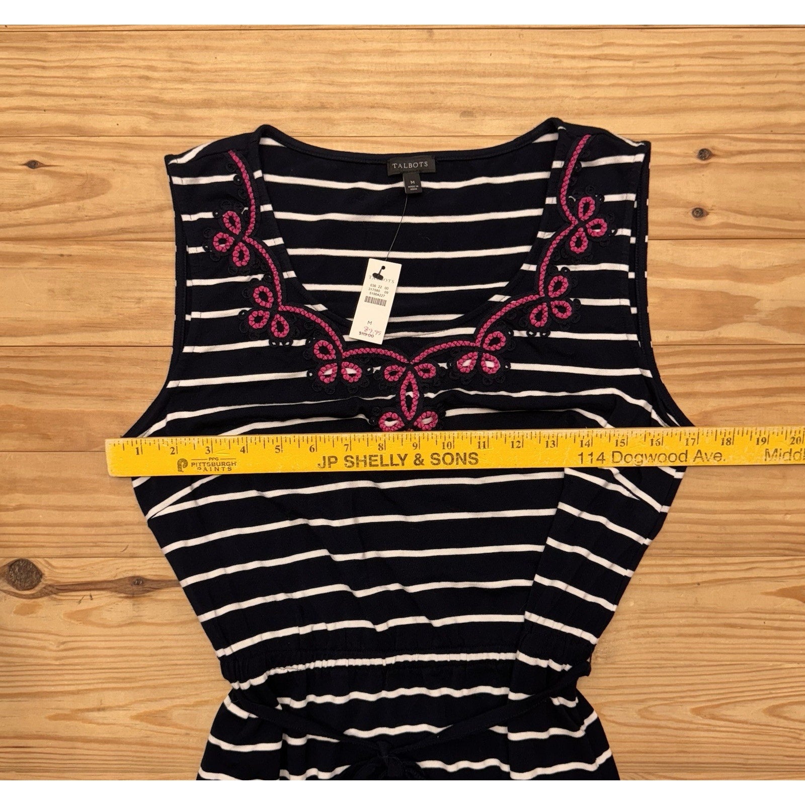 Talbots Maxi Dress Embroidered Navy White Striped Pink Tassel Belt Size M NWT