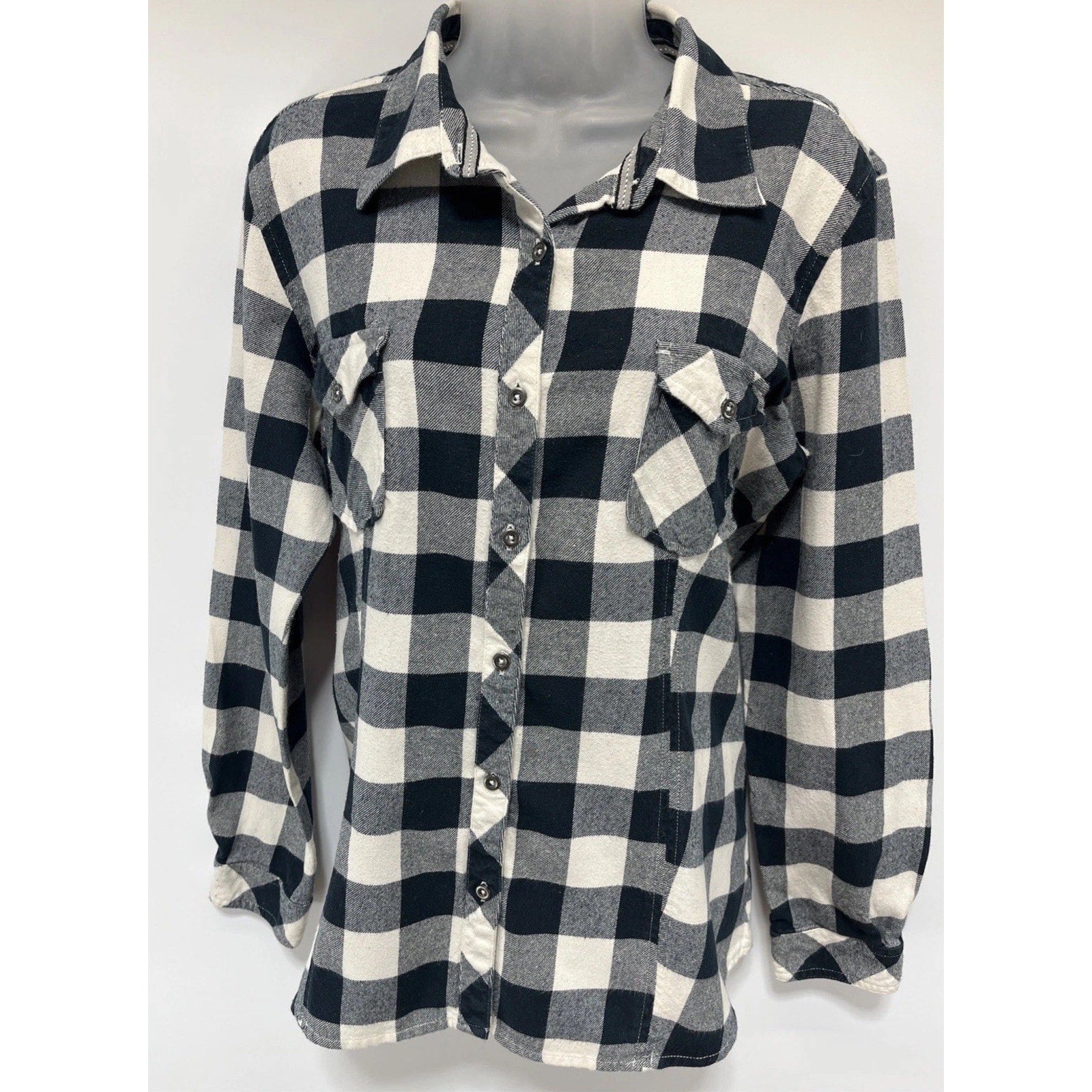 Natural Reflections Womens XL Plaid Flannel Shirt White Buffalo Check Boyfriend