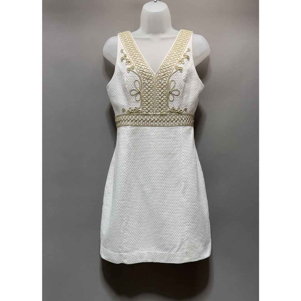Lilly Pulitzer White Gold Trim Aveline Shift Dress Women’s Dress Size 4 Cotton