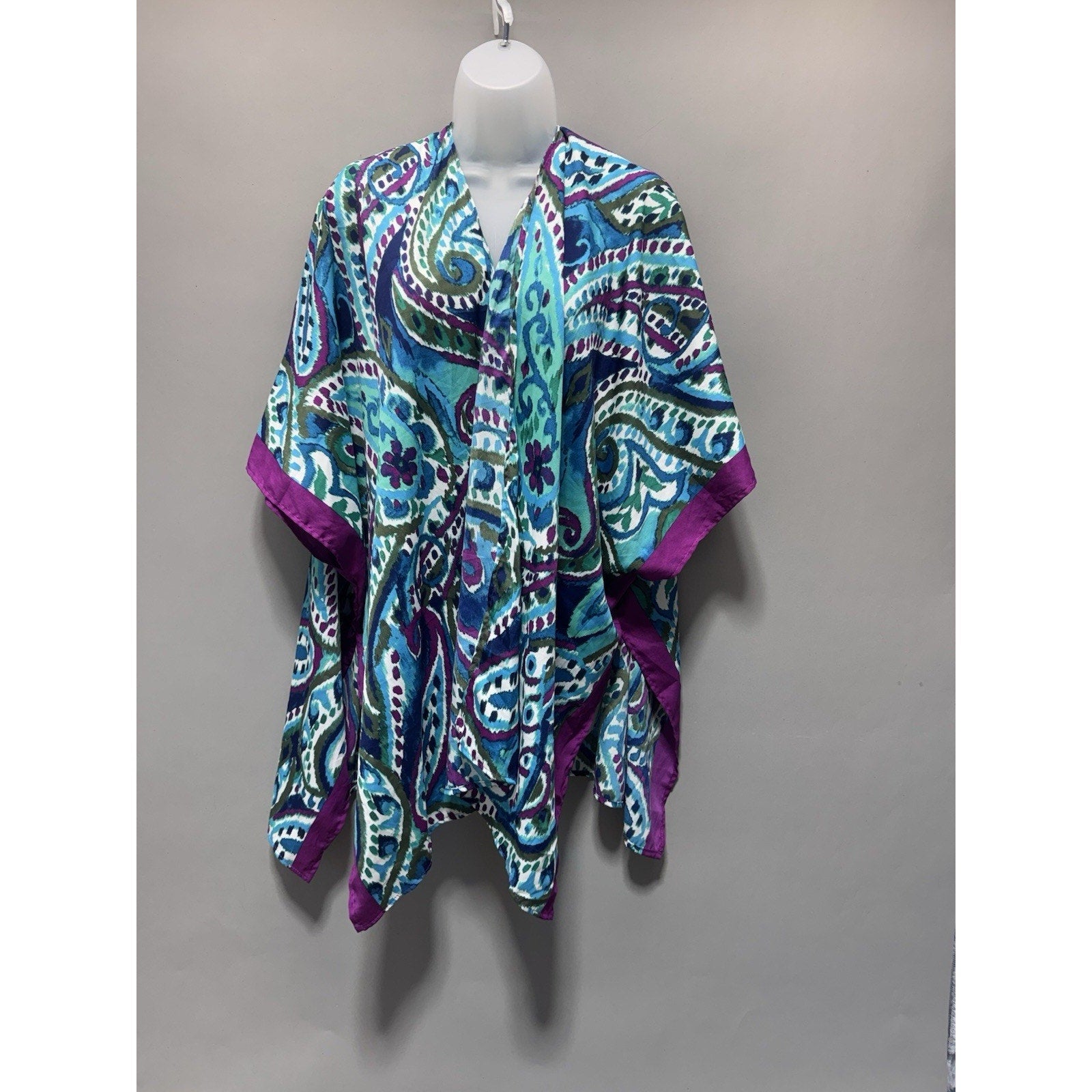 Catherines One Size Kimono Cover Up Blue Purple Paisley Sheer Open Front NWT