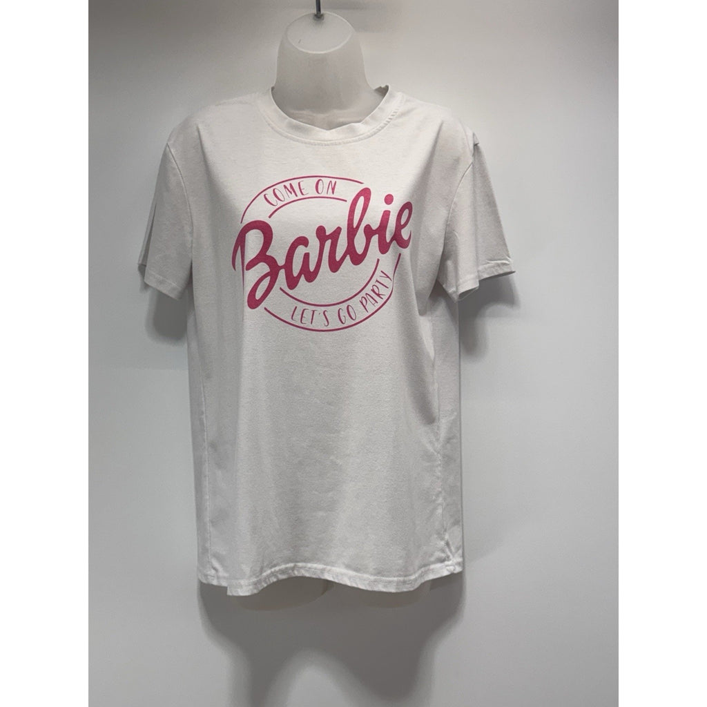BARBIE Pink Logo White Crew Neck T-Shirt Short Sleeve Women’s Size Medium